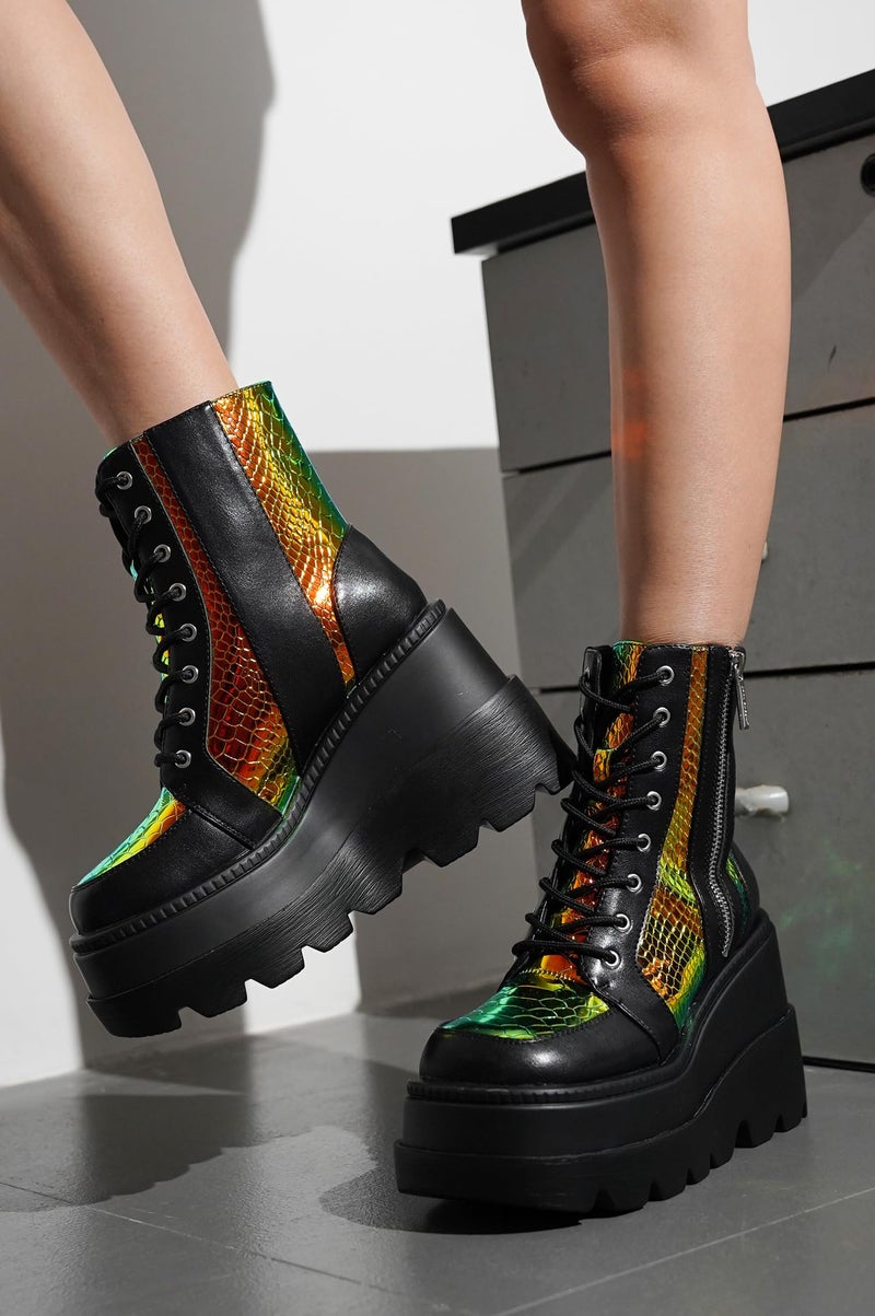 Cape Robbin Holographic Platform Ankle Boots for Women Chunky Block Heels Pointed Toe PU Leather with Buckle Strap Retro Futuristic Style (Radio) - Black Size 6 - Image 3
